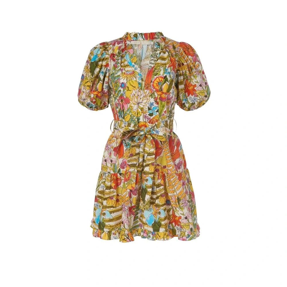 Marie Oliver Clara Floral Palm‎ Mini Dress Sz XS Multi Puff Sleeve Tiered Resort - Picture 12 of 12